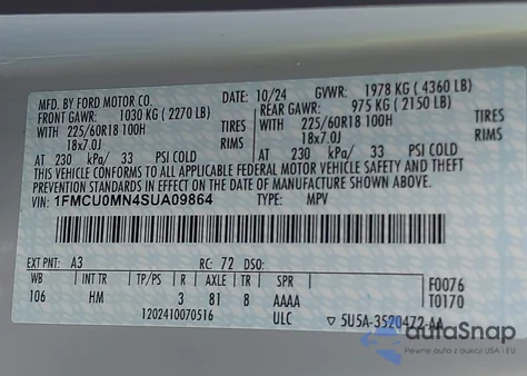 2025 Ford Escape St-Line from USA, damaged, VIN 1FMCU0MN4SUA09864